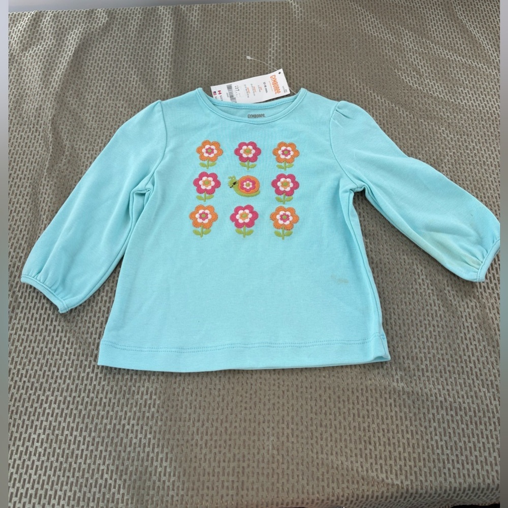 NWT Gymboree Teal Long Sleeve Snail & Flower Appliqué Tee - Size 12-18 Months